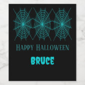 Happy Halloween neon blauw spinnenweb zwart Wijn Etiket (Enkel label)