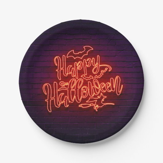 Happy Halloween Neon Kijk Witch Brick Party 7" Papieren Bordje (Voorkant)