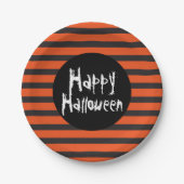 Happy Halloween Oranje Black Striped Spooky Font Papieren Bordje (Voorkant)