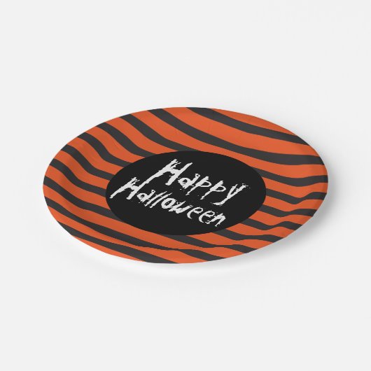 Happy Halloween Oranje Black Striped Spooky Font Papieren Bordje (Gekanteld)