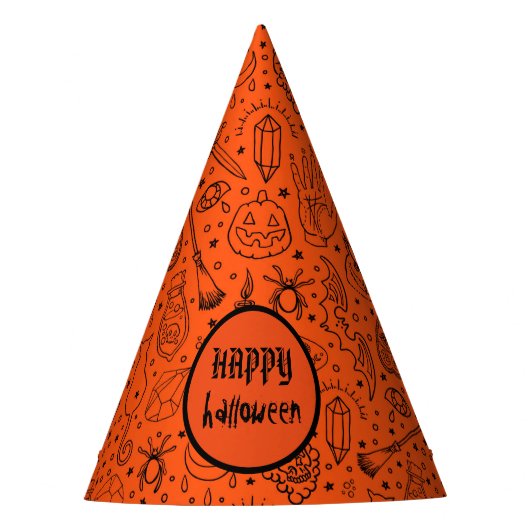 Happy Halloween Oranje Doodle Patroon Feesthoedjes (Voorkant)