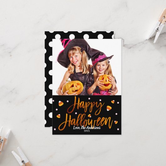 Happy Halloween Oranje Folie Moderne Script Foto Kaart (Voorkant / Achterkant in situ)