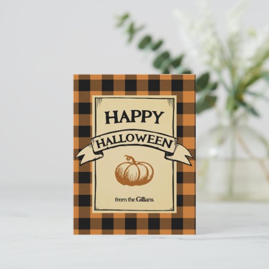 Happy Halloween oranje plaid Briefkaart (Staand voorkant)