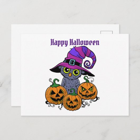 Happy Halloween owl en pompoen, gepersonaliseerd Briefkaart (Voorkant / Achterkant)