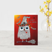 Happy Halloween Owl op een Wenskaart van Broom Kaart (Gele Bloem)