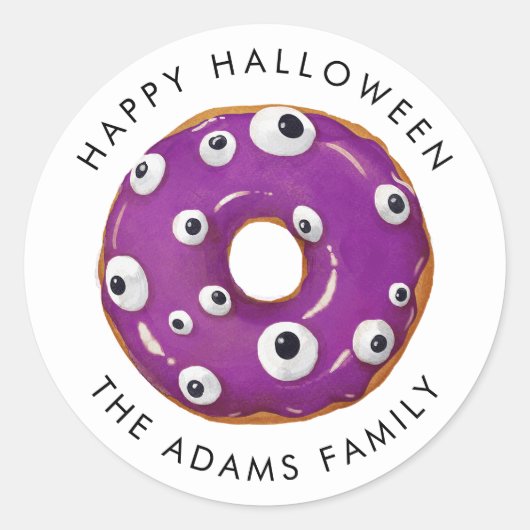 Happy Halloween Paarse Gooey Monster Donut Ronde Sticker (Voorkant)