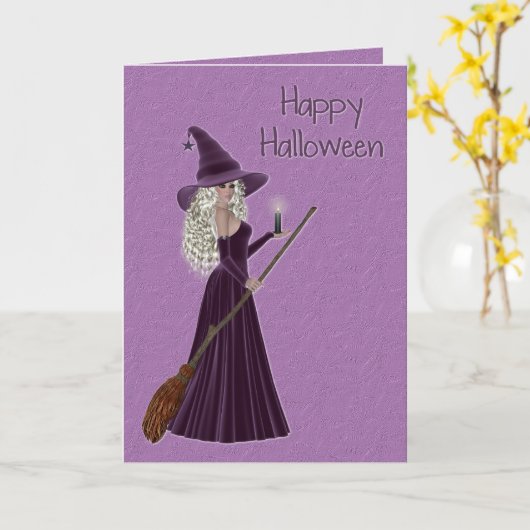 Happy Halloween Paarse heks Kaart (Gele Bloem)