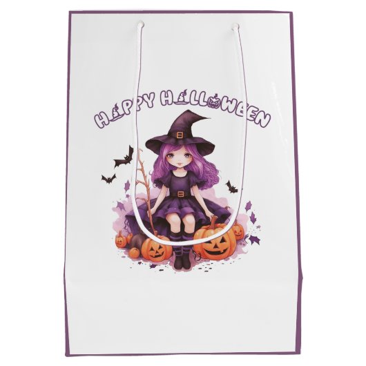 Happy Halloween Paarse heks pompoenen & vleermuize Medium Cadeauzakje (Achterkant)