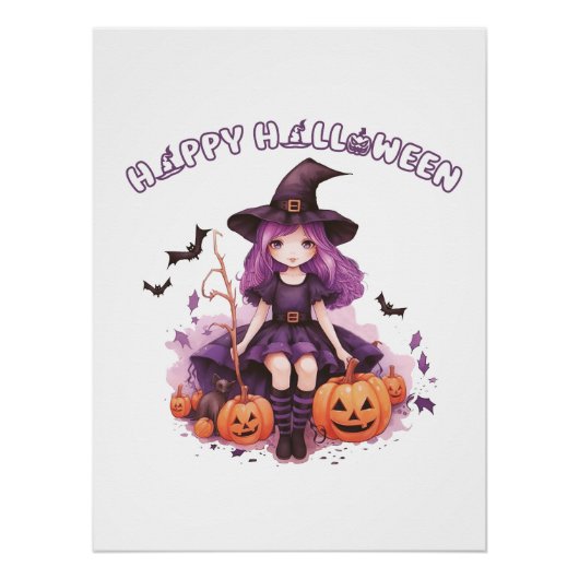 Happy Halloween Paarse heks pompoenen & vleermuize Perfect Poster (Voorkant)