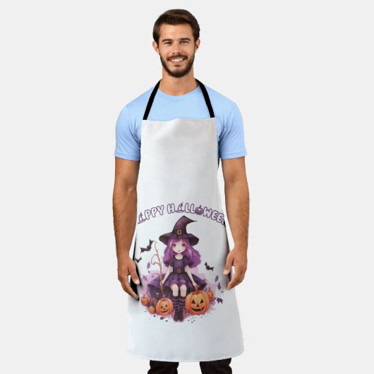 Happy Halloween Paarse heks pompoenen & vleermuize Schort (Gedragen)