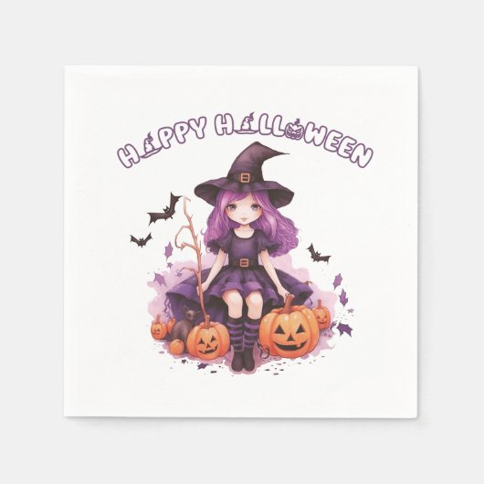 Happy Halloween Paarse heks pompoenen & vleermuize Servet (Voorkant)