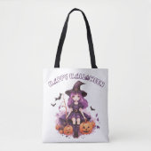 Happy Halloween Paarse heks pompoenen & vleermuize Tote Bag (Voorkant)