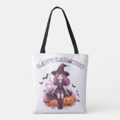 Happy Halloween Paarse heks pompoenen & vleermuize Tote Bag (Achterkant)