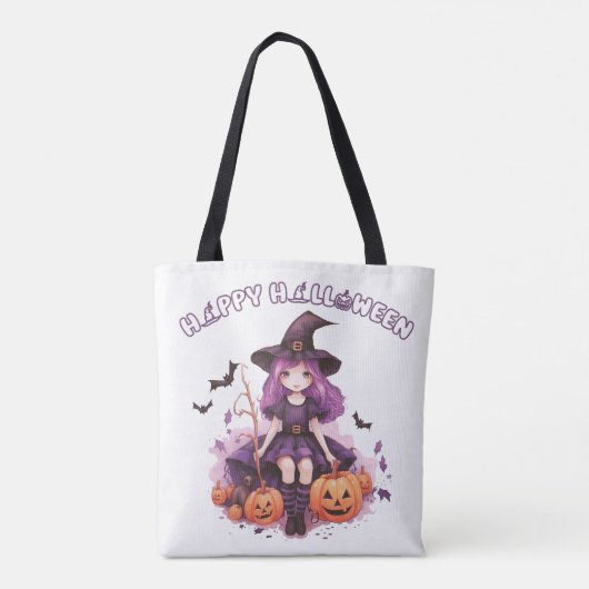 Happy Halloween Paarse heks pompoenen & vleermuize Tote Bag (Achterkant)