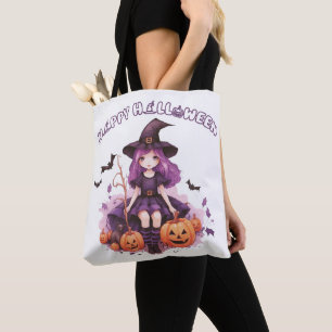 Happy Halloween Paarse heks pompoenen & vleermuize Tote Bag