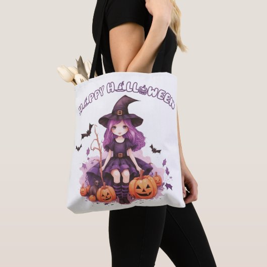 Happy Halloween Paarse heks pompoenen & vleermuize Tote Bag (Dichtbij)