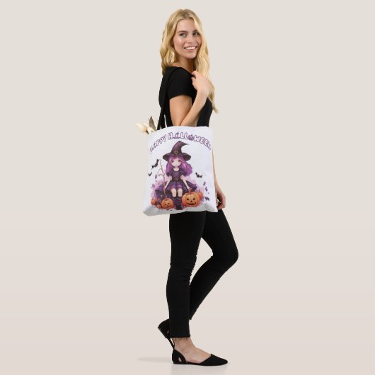 Happy Halloween Paarse heks pompoenen & vleermuize Tote Bag (Op model)