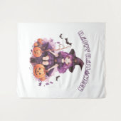 Happy Halloween Paarse heks pompoenen & vleermuize Wandkleed (Voorkant (horizontaal))