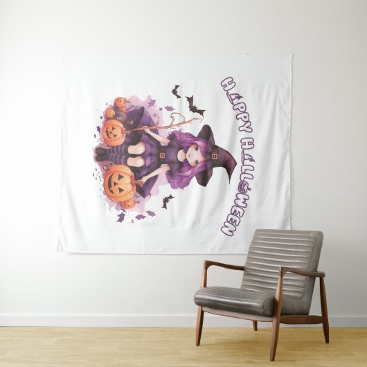 Happy Halloween Paarse heks pompoenen & vleermuize Wandkleed (In Situ (horizontaal))
