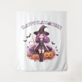 Happy Halloween Paarse heks pompoenen & vleermuize Wandkleed (Voorkant)