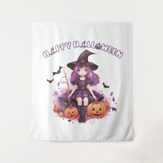 Happy Halloween Paarse heks pompoenen & vleermuize Wandkleed (Voorkant)