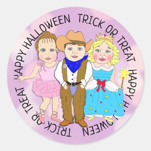Happy Halloween Paarse Kinderen in Costumes Ronde Sticker (Voorkant)