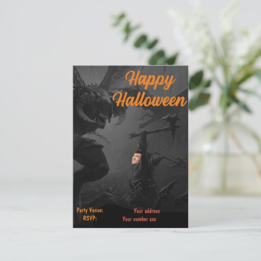 Happy Halloween Party Donker Zwart, Oranje monster Kaart (Staand voorkant)