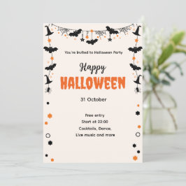 Happy Halloween Party Invitation with Bats, Stars  Kaart