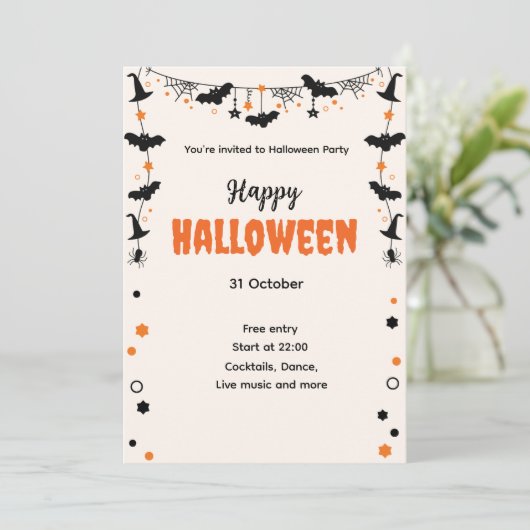 Happy Halloween Party Invitation with Bats, Stars  Kaart (Staand voorkant)
