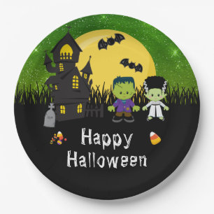 Happy Halloween Party Monsters Green Papieren Bordje