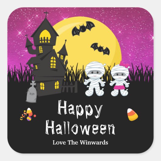 Happy Halloween Party Mummy Pink Vierkante Sticker (Voorkant)