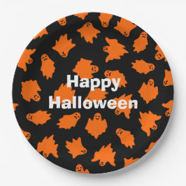 Happy Halloween Party Oranje Ghost Papieren Bordje
