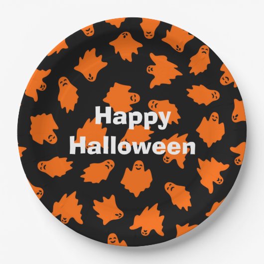 Happy Halloween Party Oranje Ghost Papieren Bordje (Voorkant)