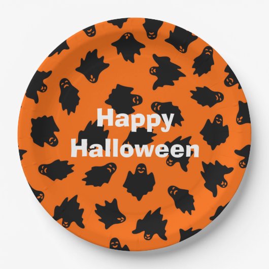 Happy Halloween Party Oranje Ghost Papieren Bordje (Voorkant)
