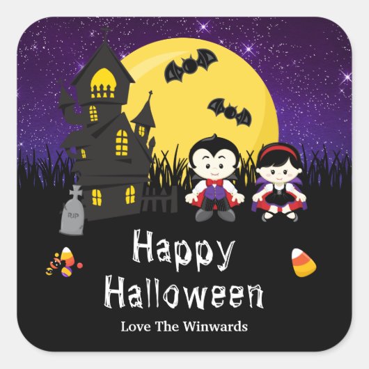 Happy Halloween Party Vampires Paars Vierkante Sticker (Voorkant)