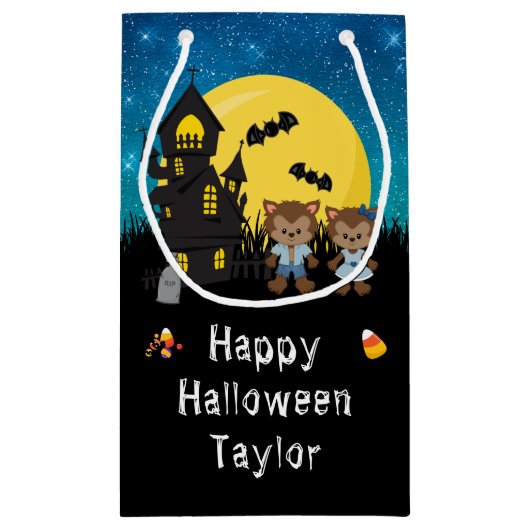 Happy Halloween Party Weerwolf Blauw Klein Cadeauzakje (Achterkant)