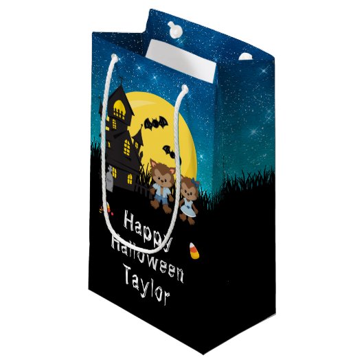 Happy Halloween Party Weerwolf Blauw Klein Cadeauzakje (Voorkant Gekanteld)