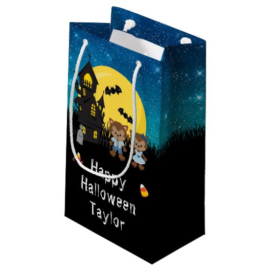 Happy Halloween Party Weerwolf Blauw Klein Cadeauzakje (Achterkant Gekanteld)