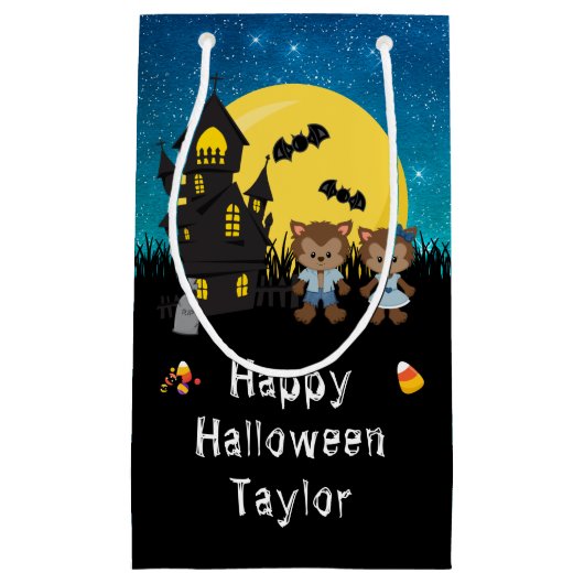 Happy Halloween Party Weerwolf Blauw Klein Cadeauzakje (Voorkant)