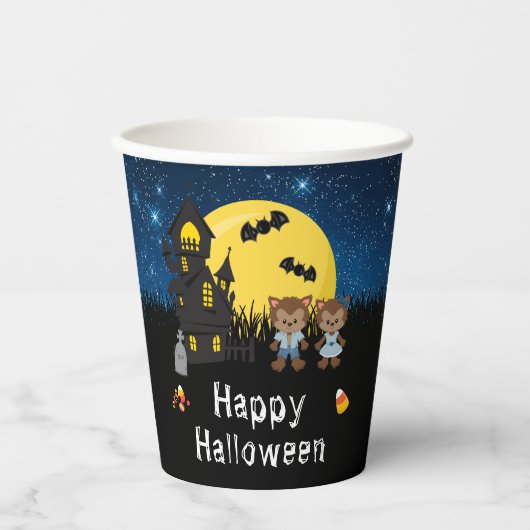 Happy Halloween Party Weerwolf Blauw Papieren Bekers (Voorkant)