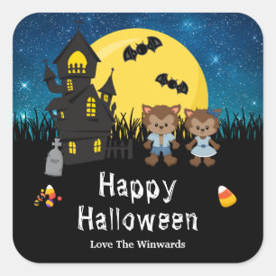 Happy Halloween Party Weerwolf Blauw Vierkante Sticker