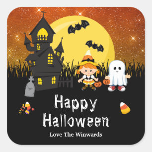 Happy Halloween Party Witch Ghost Sinaasappel Vierkante Sticker