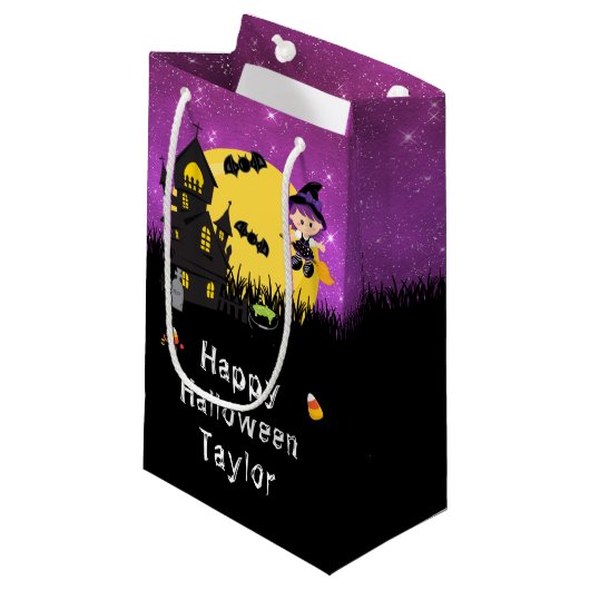 Happy Halloween Party Witch Paars Klein Cadeauzakje (Voorkant Gekanteld)