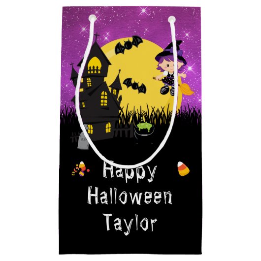Happy Halloween Party Witch Paars Klein Cadeauzakje (Voorkant)