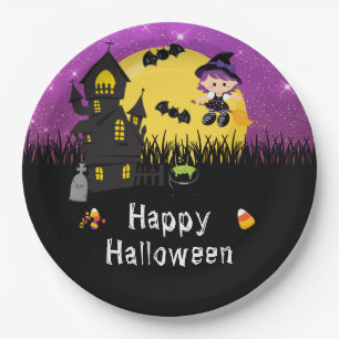 Happy Halloween Party Witch Paars Papieren Bordje