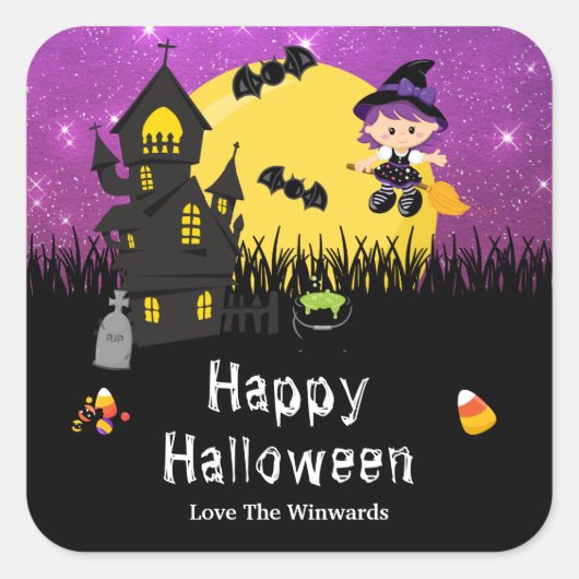 Happy Halloween Party Witch Paars Vierkante Sticker (Voorkant)
