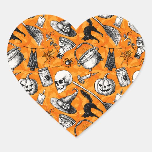 Happy Halloween Pattern. Heks, pompoen Hart Sticker (Voorkant)