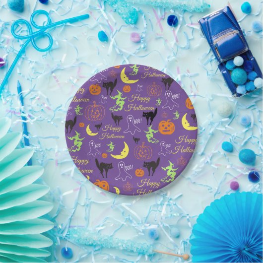 Happy Halloween Pattern Paars Papieren Bordje (Feest)