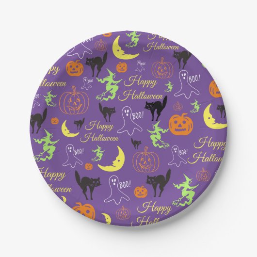 Happy Halloween Pattern Paars Papieren Bordje (Voorkant)