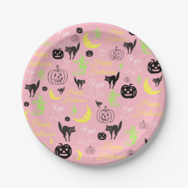 Happy Halloween Pattern Pink Papieren Bordje